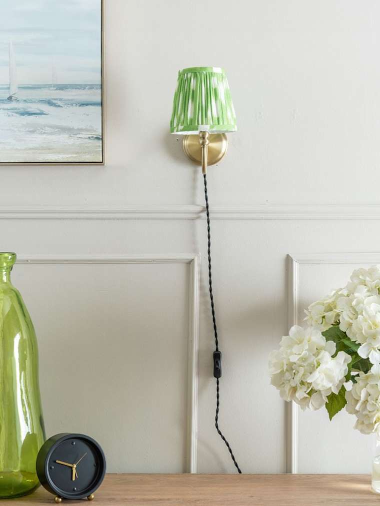 Pair of Antique Brass Plug-in Wall Lights with Green Gathered Shades