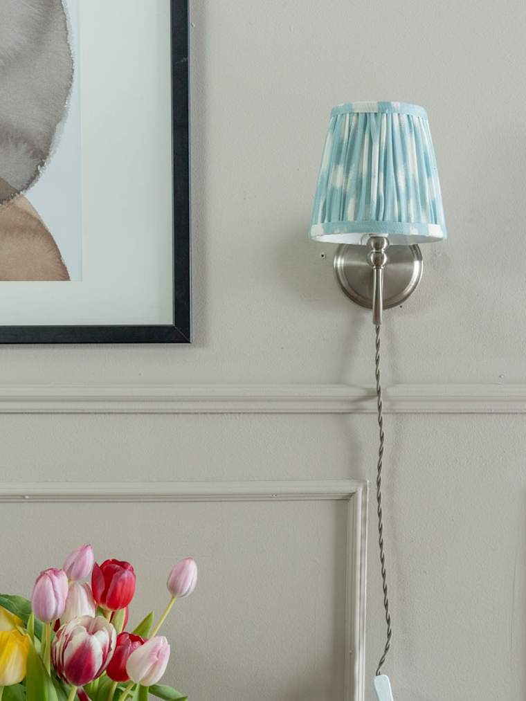 Pair of Brushed Chrome Plug-in Wall Lights with Blue Gathered Shades