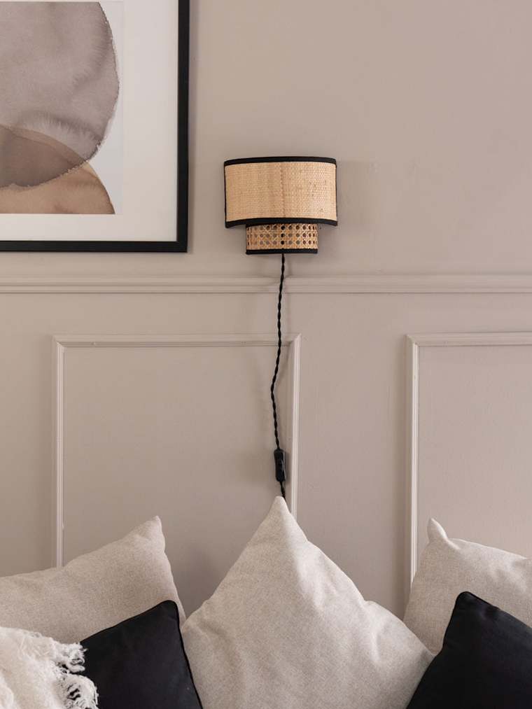 Pair of Plug-in Wall Lights with Natural and Black Cane Shades