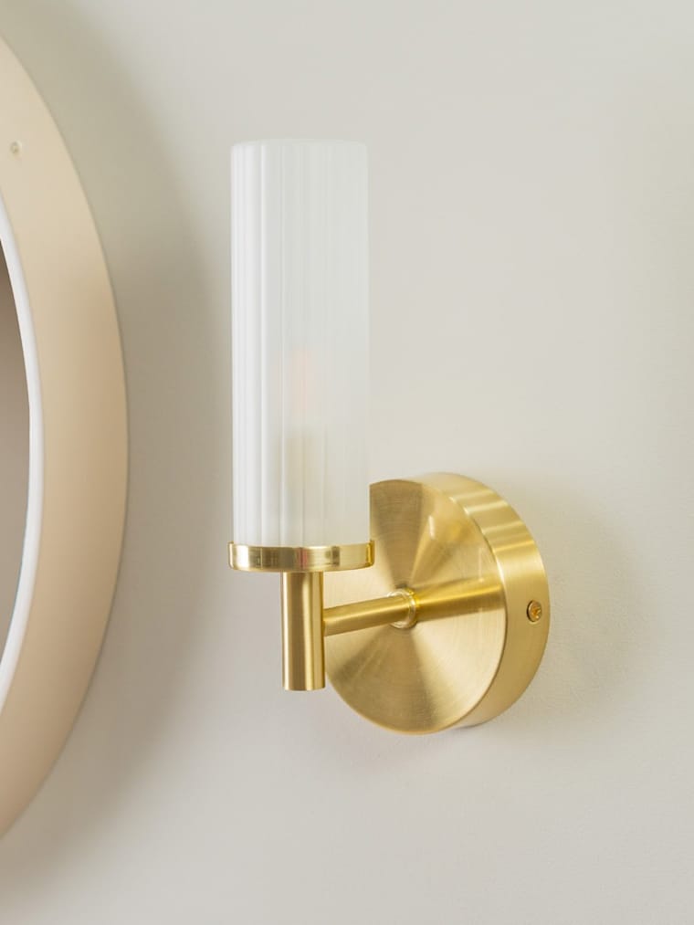 Pair of IP44 Gold Wall Lights with Reeded Glass Shades