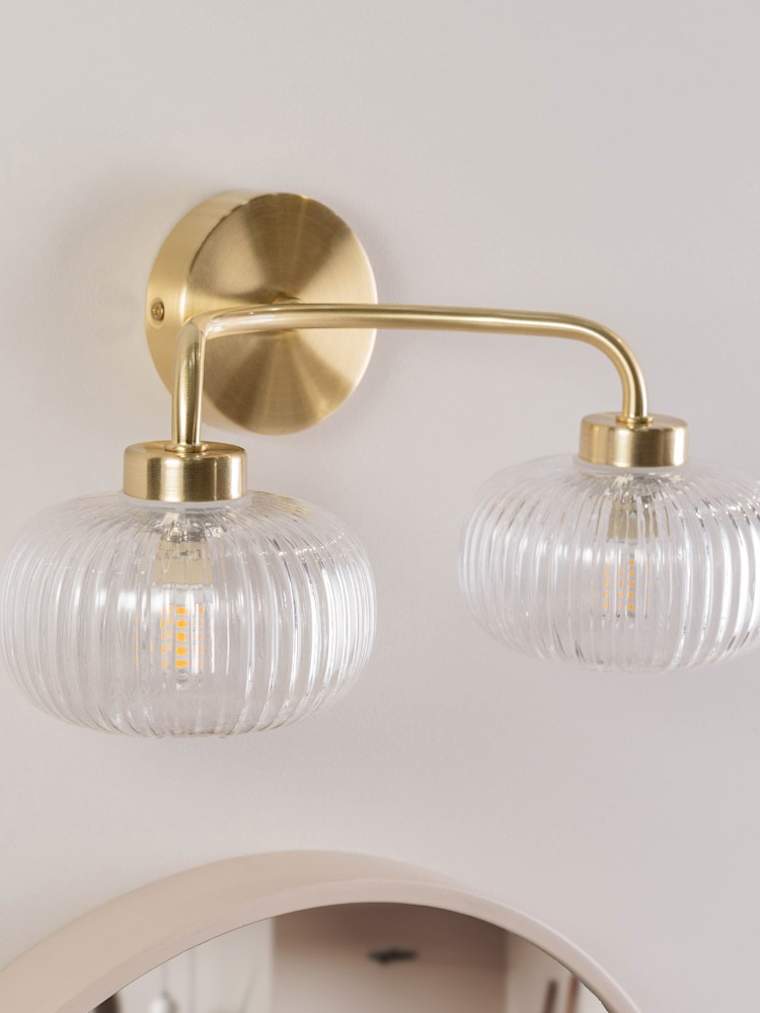 Pair of IP44 Gold 2-Way Wall Lights with Clear Glass Shades