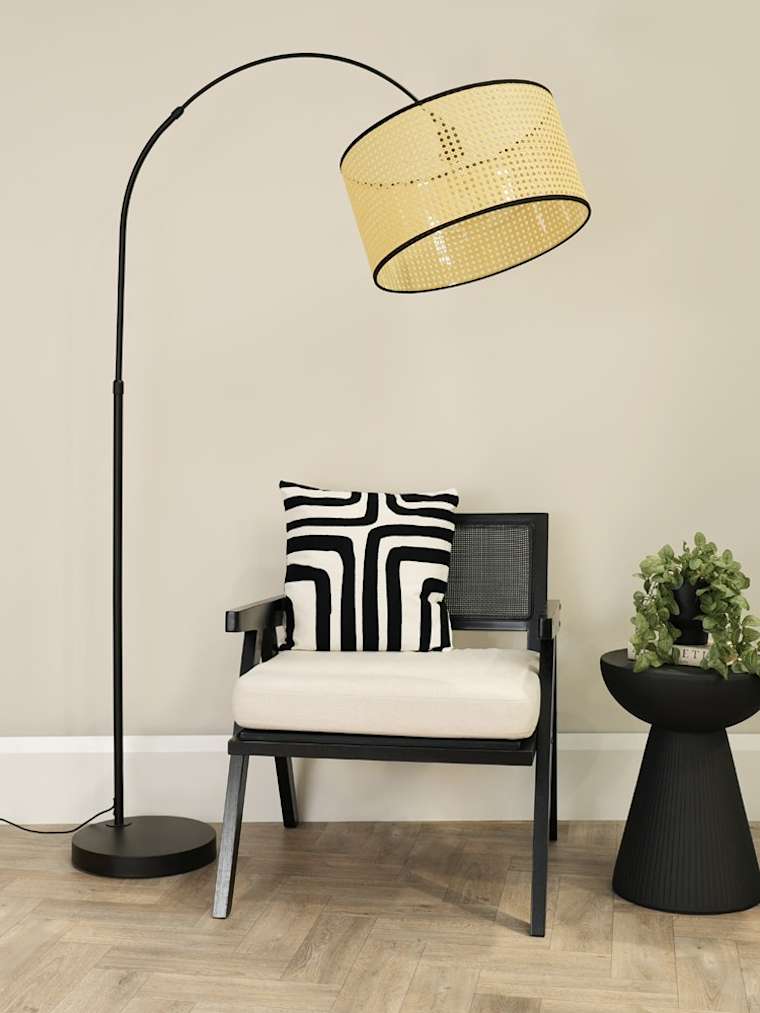 Black Arch Floor Lamp with Black Trim Cane Shade