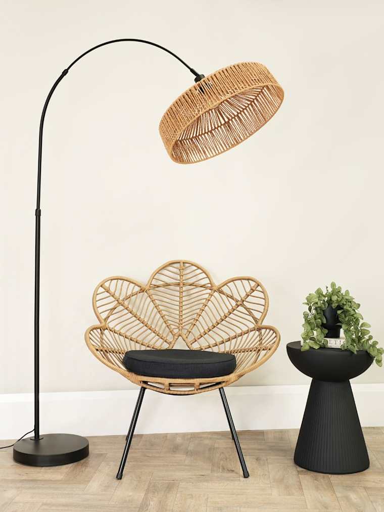 Black Arch Floor Lamp with Brown Rattan Shade