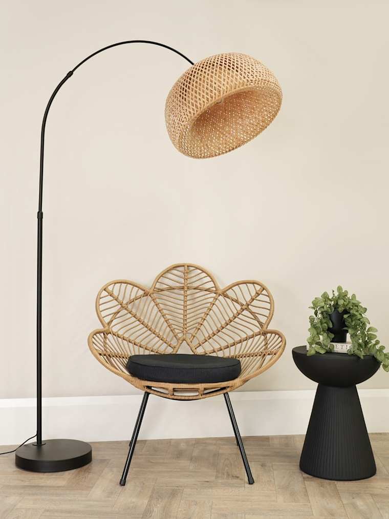Black Arch Floor Lamp with Bamboo Shade