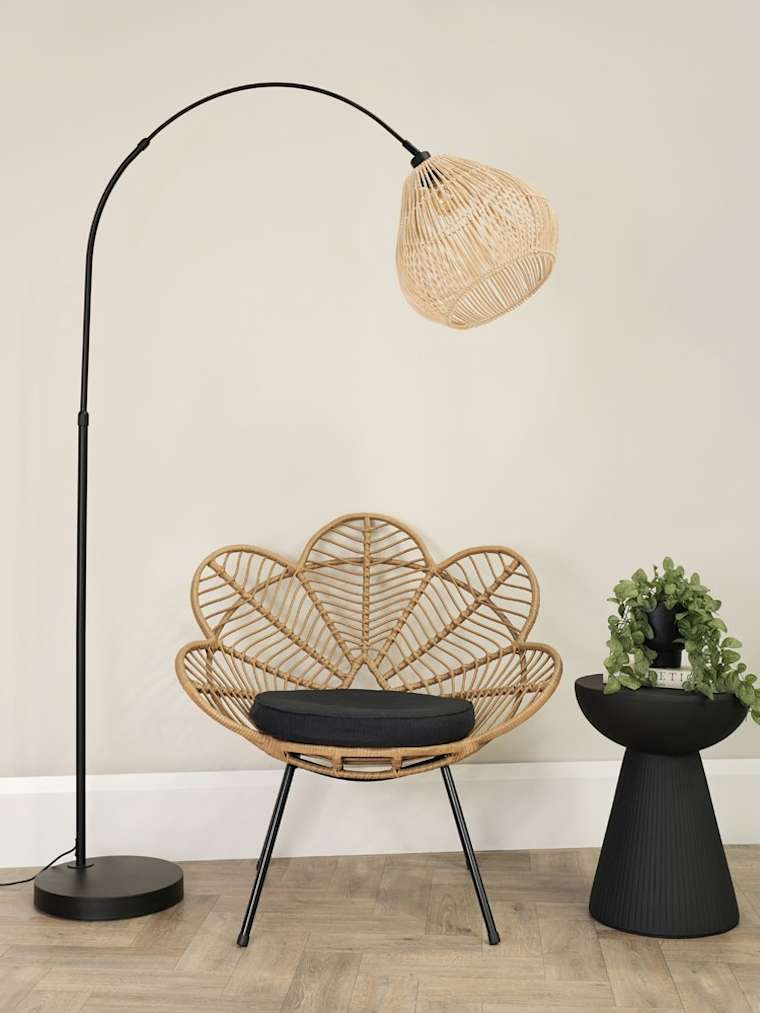 Black Arch Floor Lamp with Rattan Teardop Shade
