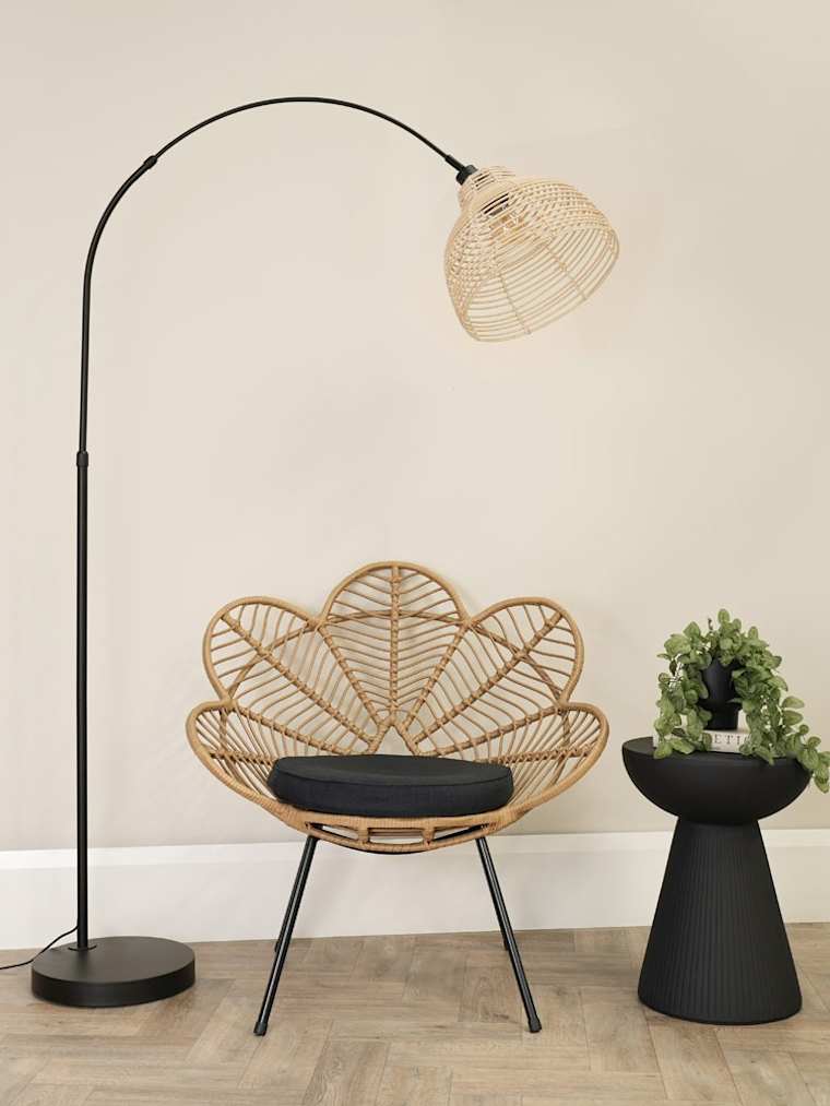 Black Arch Floor Lamp with Natural Lobster Pot Basket Shade