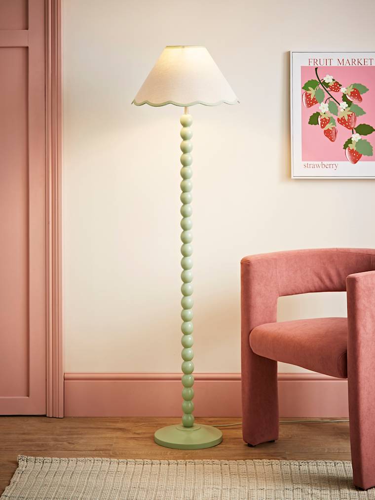 Sage Green Bobbin Floor Lamp with Green Trim Scallop Shade