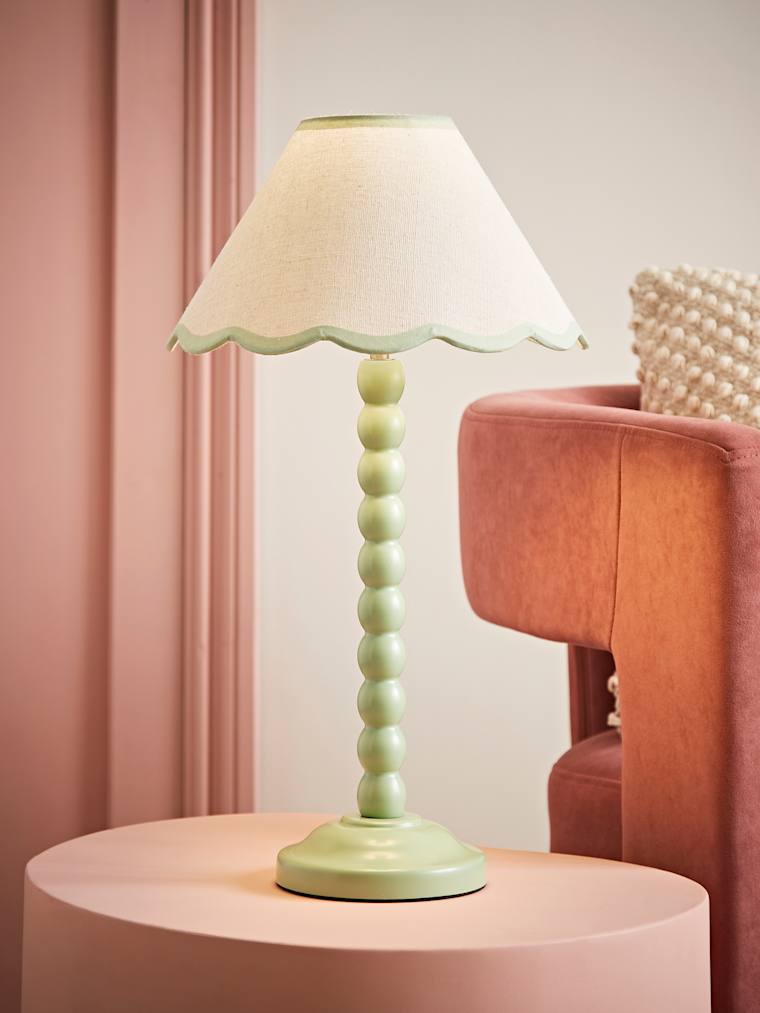 Sage Green Bobbin Table Lamp with Green Trim Scallop Shade