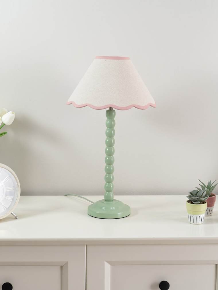 Sage Green Bobbin Table Lamp with Pink Trim Scallop Shade