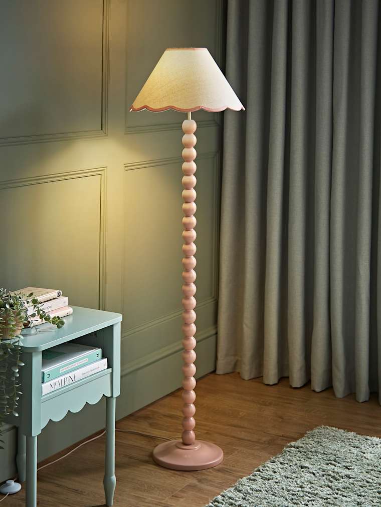 Rose Pink Bobbin Floor Lamp with Pink Trim Scallop Shade