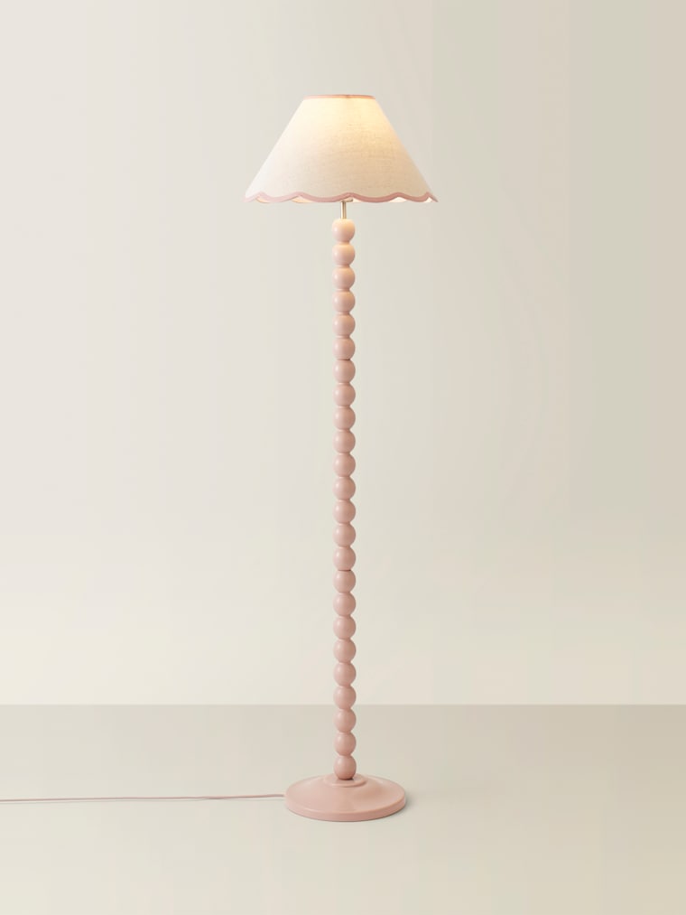 Rose Pink Bobbin Floor Lamp with Pink Trim Scallop Shade