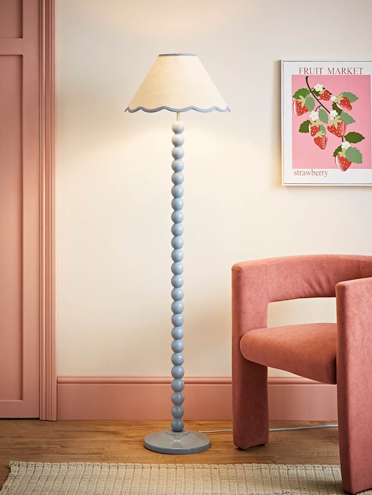 Powder Blue Bobbin Floor Lamp with Blue Trim Scallop Shade