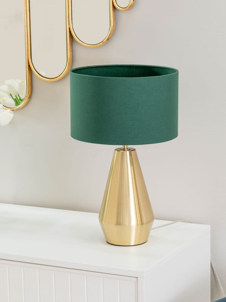 Antique Brass Touch Table Lamp with Forest Green Shade