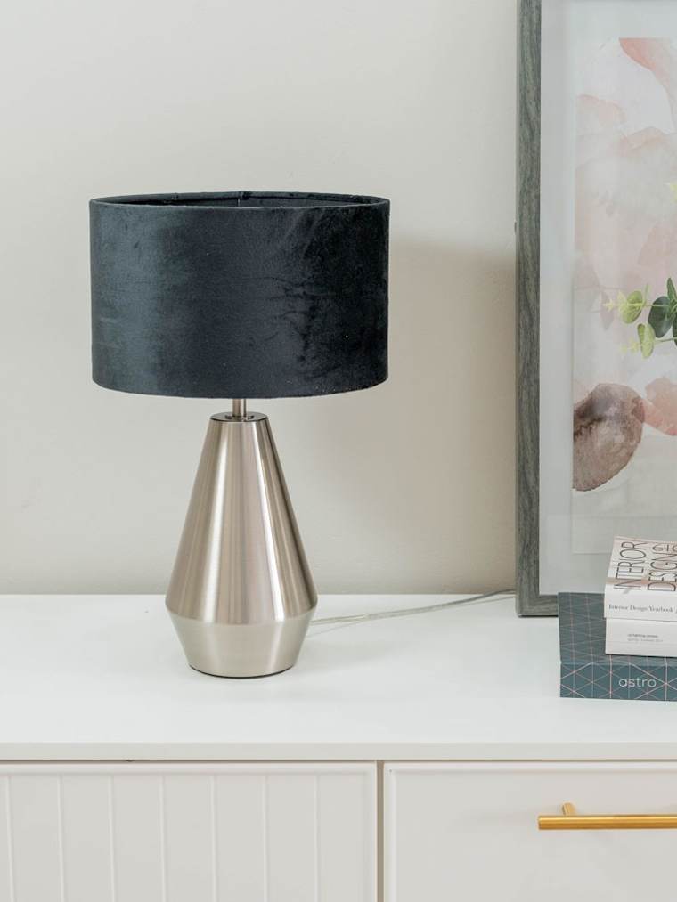 Brushed Chrome Touch Table Lamp with Black Velvet Shade