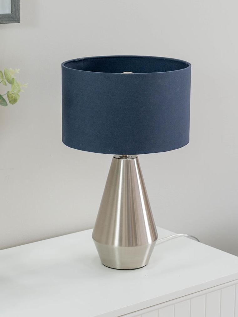 Brushed Chrome Touch Table Lamp with Navy Shade