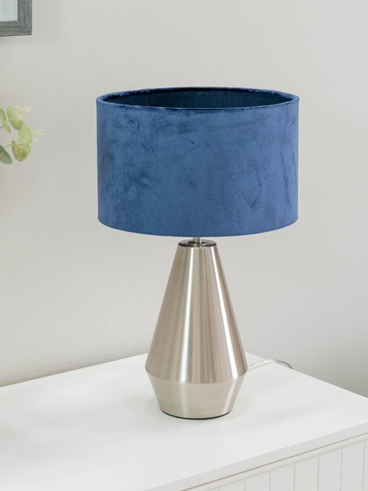 Brushed Chrome Touch Table Lamp with Navy Velvet Shade