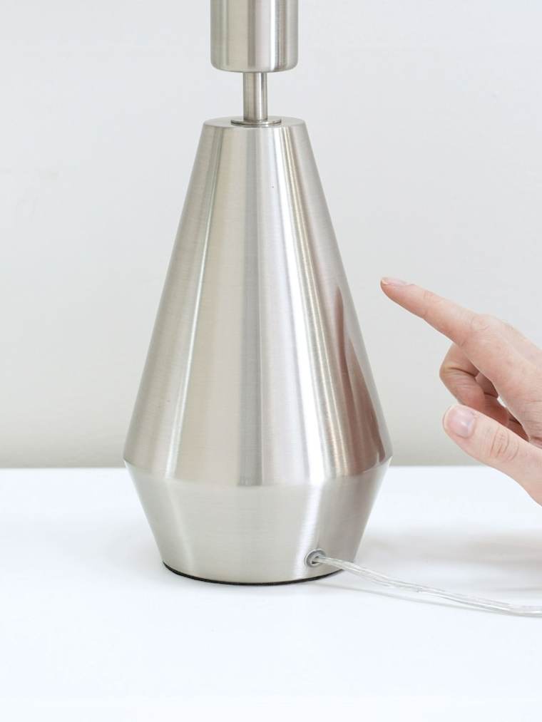 Brushed Chrome Touch Table Lamp with Charcoal Boucle Shade