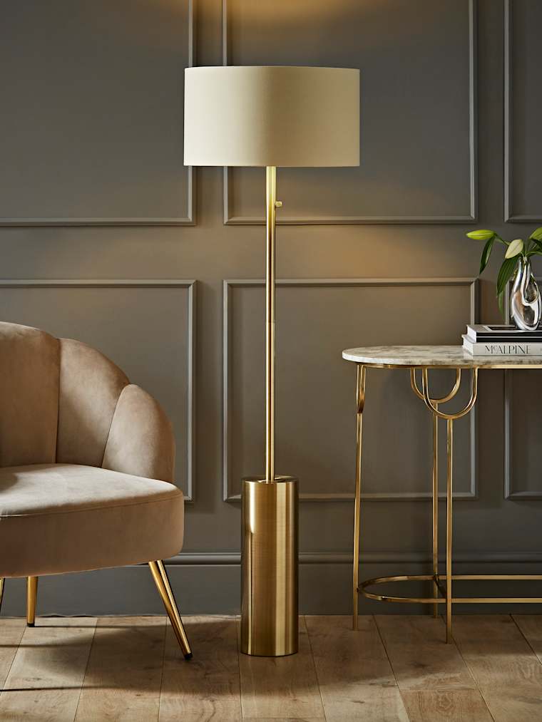 Antique Brass Dimmable Floor Lamp with Beige and Gold Shade