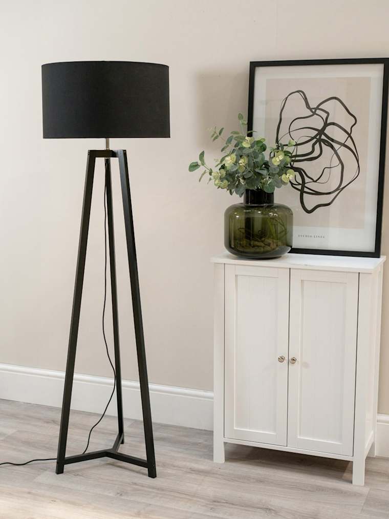 Black Tripod Floor Lamp with Black and Gold Shade