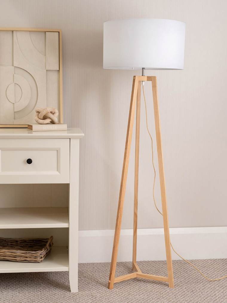 Natural Wood Tripod Floor Lamp with White Shade