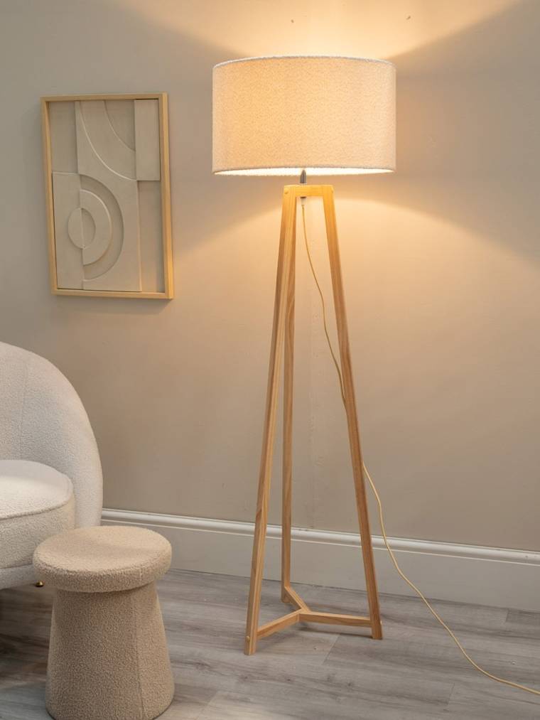 Natural Wood Tripod Floor Lamp with Cream Boucle Shade