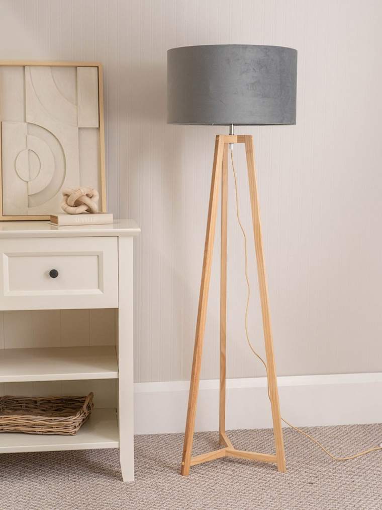 Natural Wood Tripod Floor Lamp with Grey Velvet Shade
