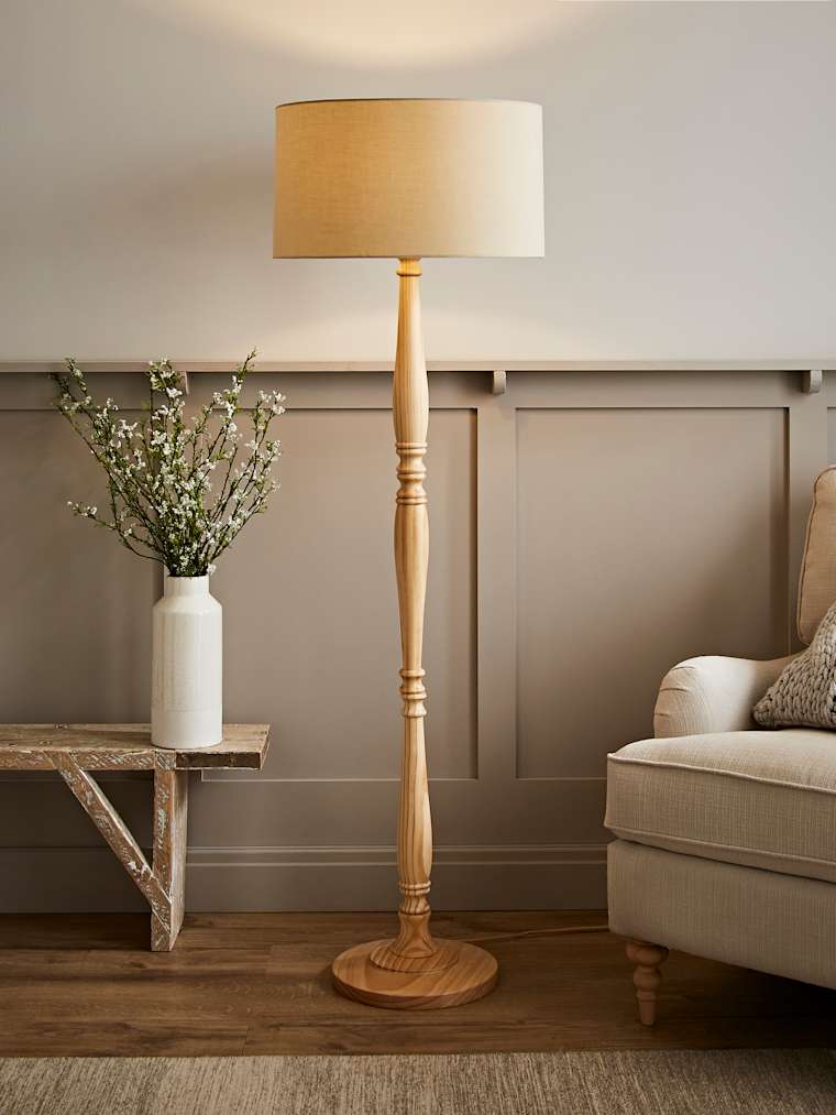 Light Wood Candlestick Floor Lamp with Cream Shade