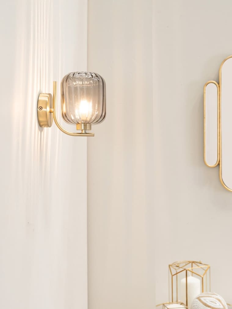Pair of Brushed Gold and Ribbed Glass Shade Wall Lights