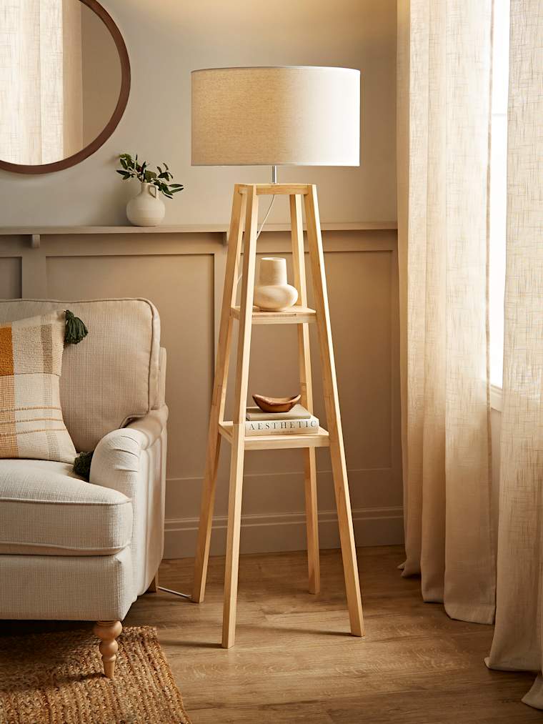 Natural Wood Tripod Floor Lamp Base with White Trim Linen Shade
