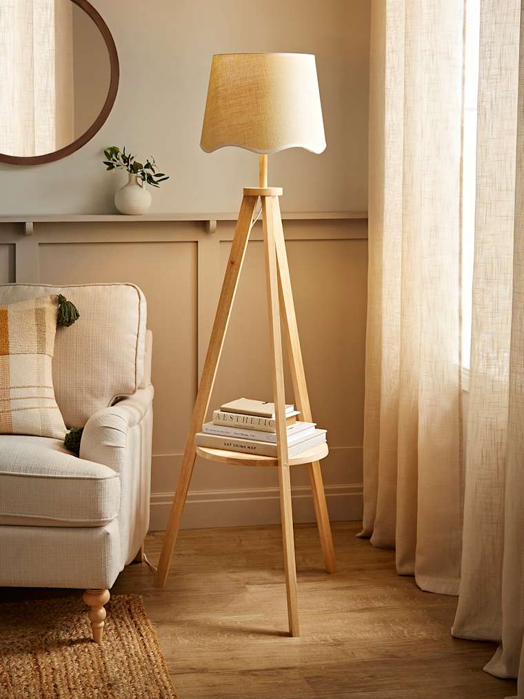 Light Wood Tripod Floor Lamp with White Trim Scalloped Shade