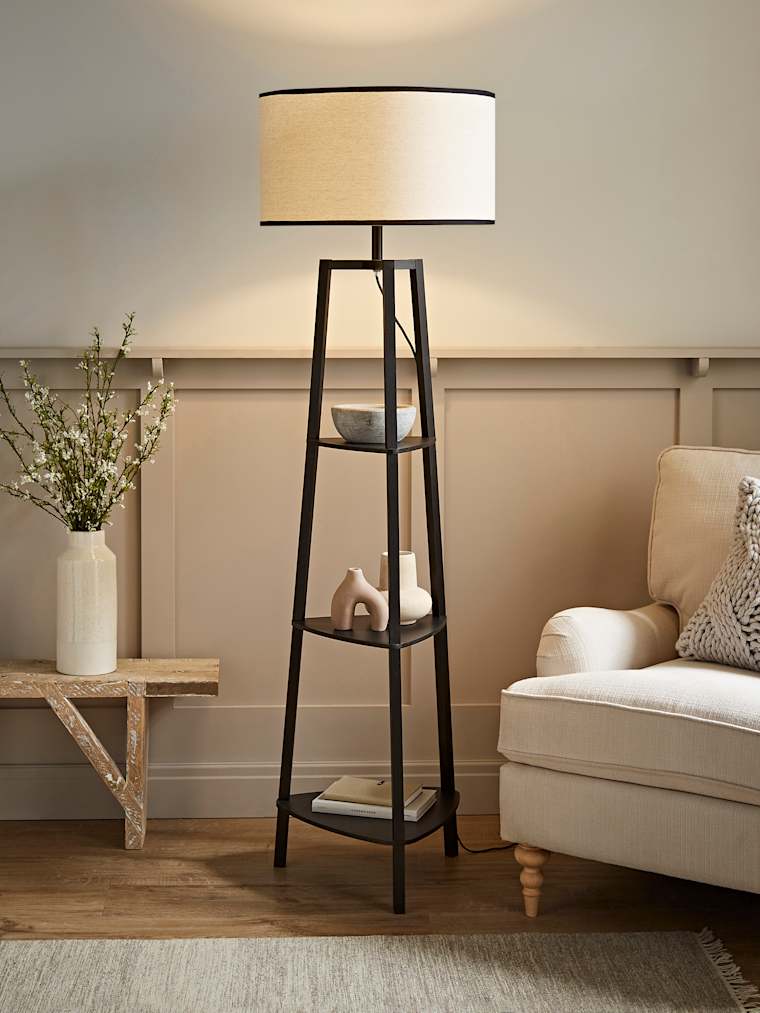 Matte Black Tripod Floor Lamp with Black Trim Linen Shade