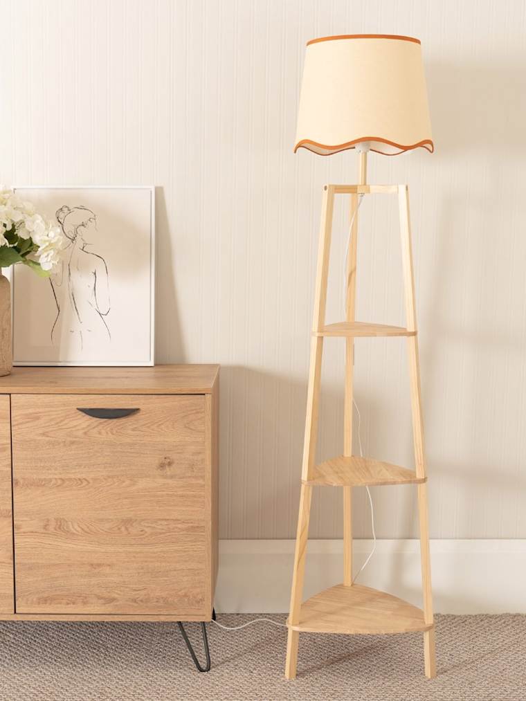 Wooden Tripod Floor Lamp with Rust Trim Scalloped Shade