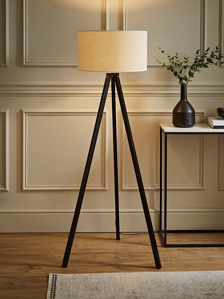 Black Wood Tripod Floor Lamp with White Trim Linen Shade