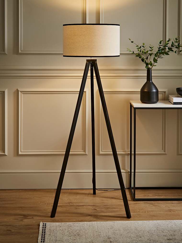 Black Wood Tripod Floor Lamp with Black Trim Linen Shade