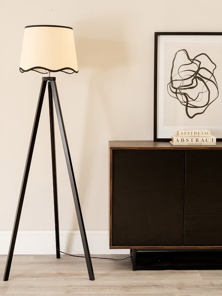 Black Wood Tripod Floor Lamp with Black Trim Scalloped Shade
