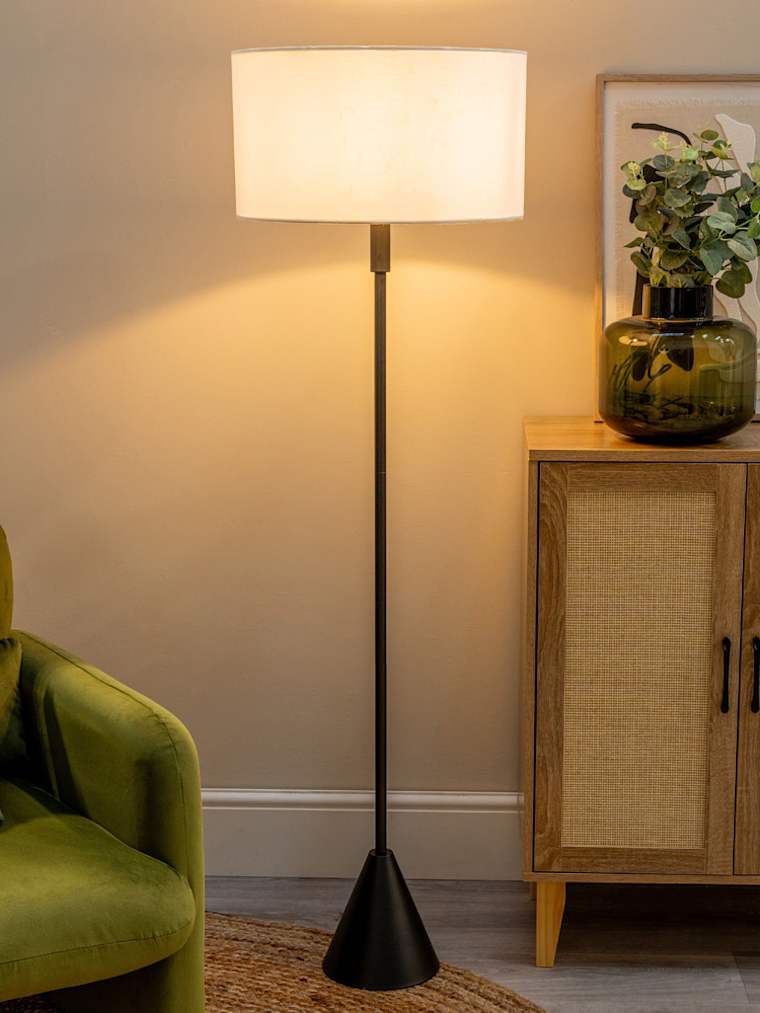 Black Triangle Floor Lamp with White Trim Linen Shade