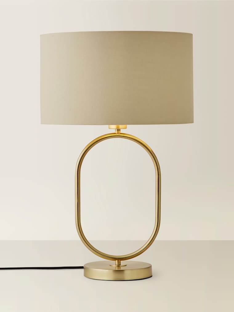 Brushed Gold Oval Table Lamp with Beige and Gold Shade