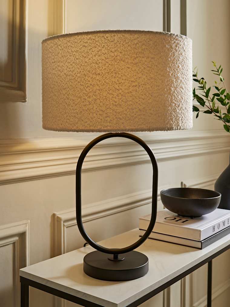 Matte Black Oval Table Lamp with Cream Boucle Shade
