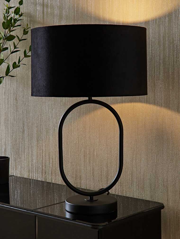 Matte Black Oval Table Lamp with Black Velvet Shade