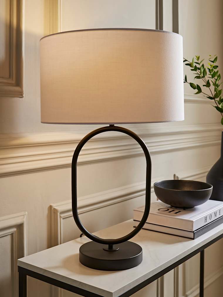 Matte Black Oval Table Lamp with White Fabric Shade