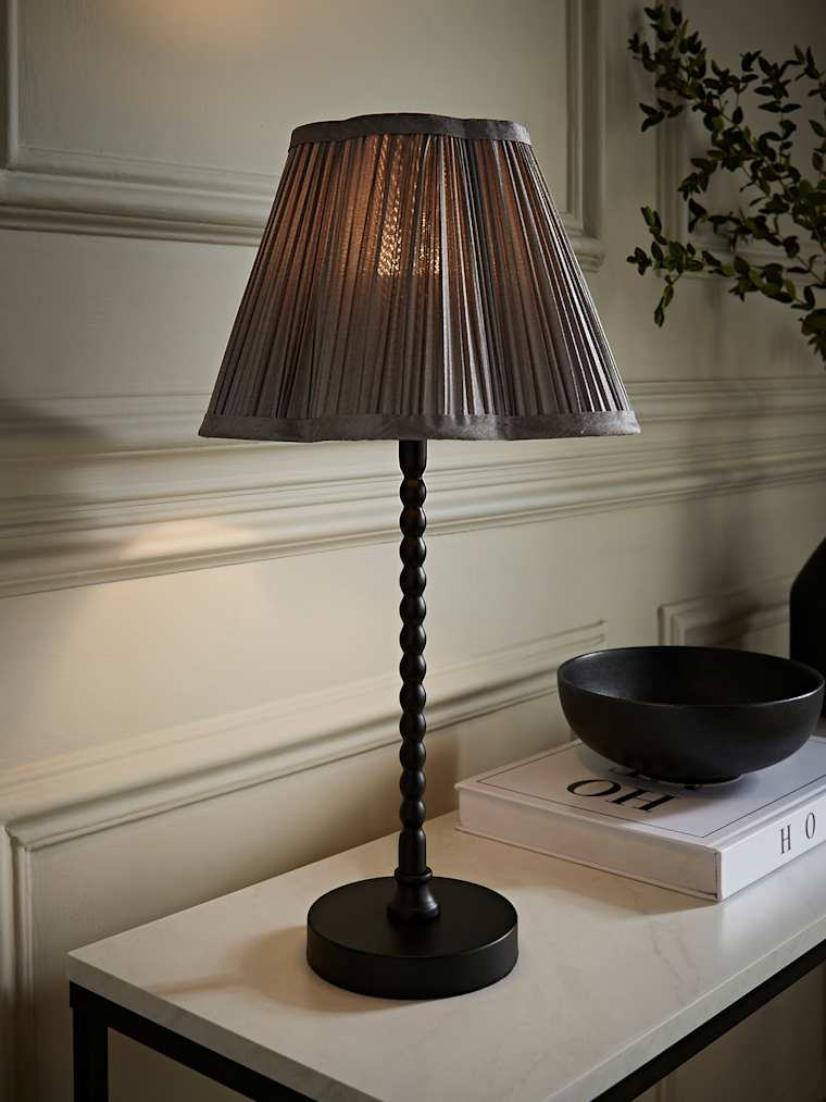 Black Bobbin Table Lamp with Dark Grey Faux Silk Scallop Shade