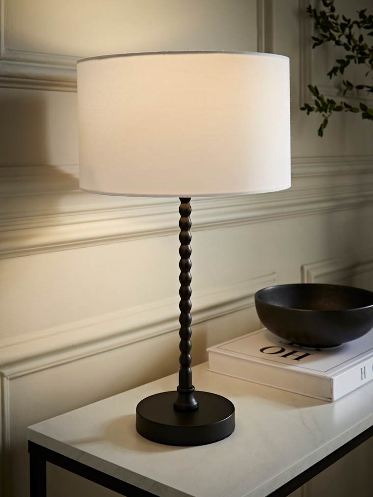 Black Bobbin Table Lamp with White Fabric Shade