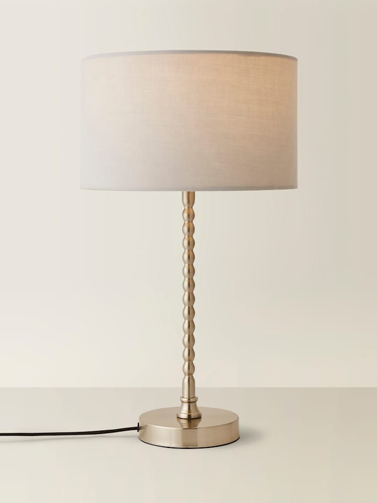 Brushed Chrome Bobbin Table Lamp with Grey Fabric Shade