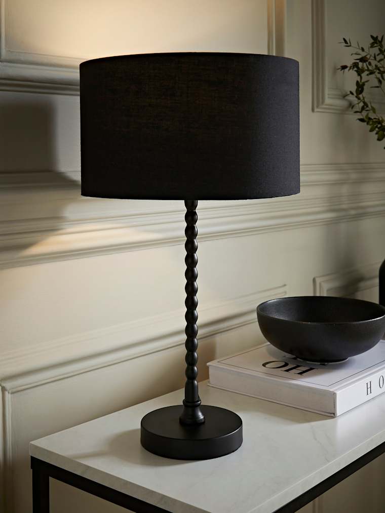 Black Bobbin Table Lamp with Black Fabric Shade