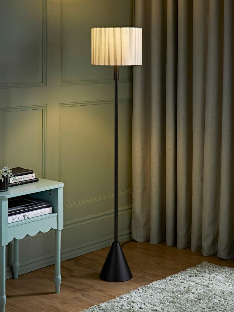 Black Triangle Floor Lamp with Striped Linen Shade