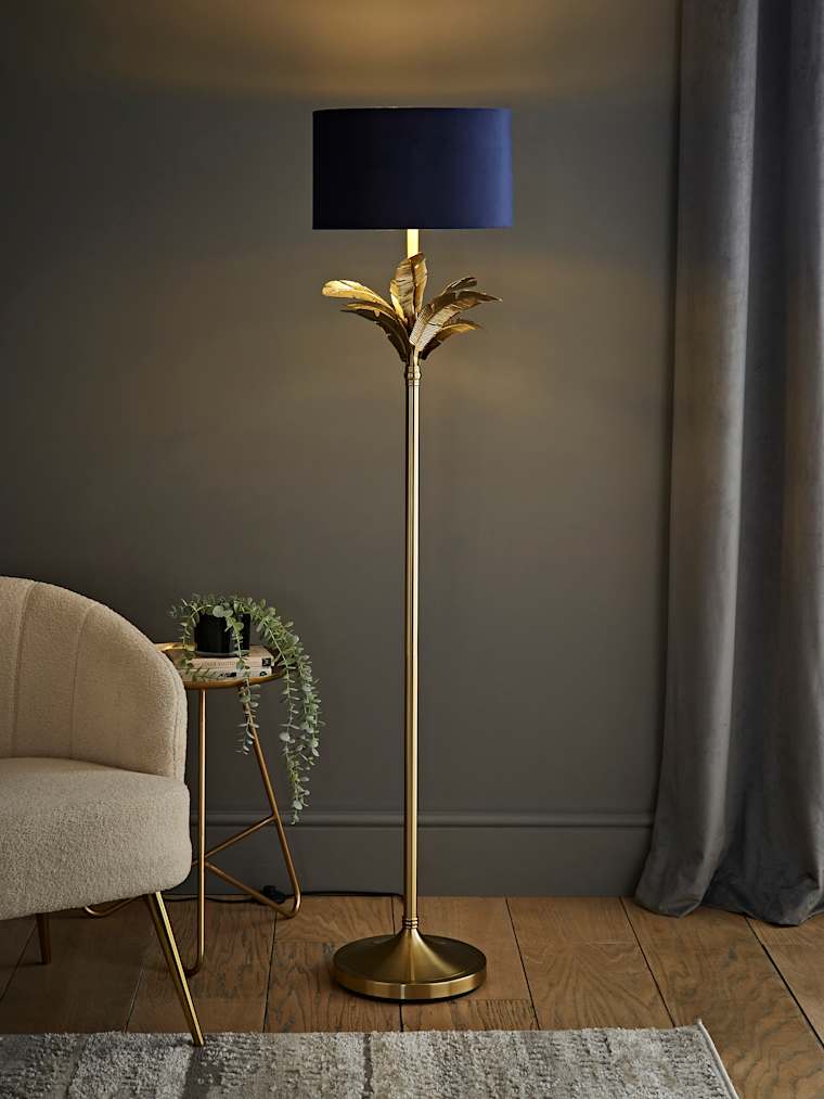 Gold Leaves Floor Lamp with Navy Velvet and Gold Shade