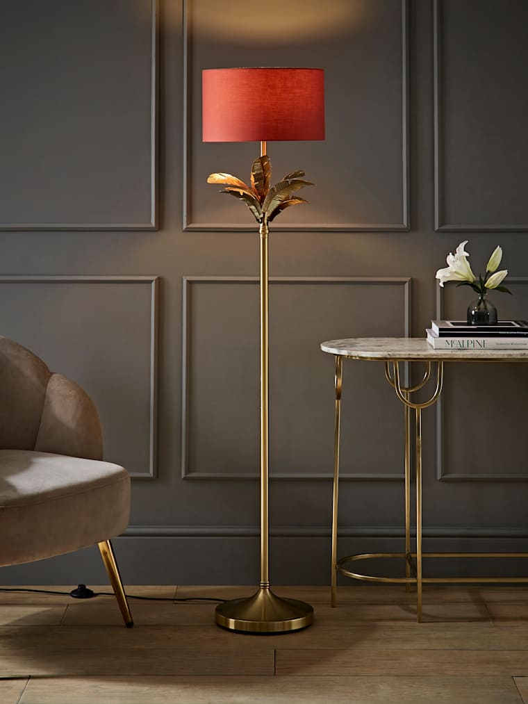 Gold Leaves Floor Lamp with Rust Fabric Shade