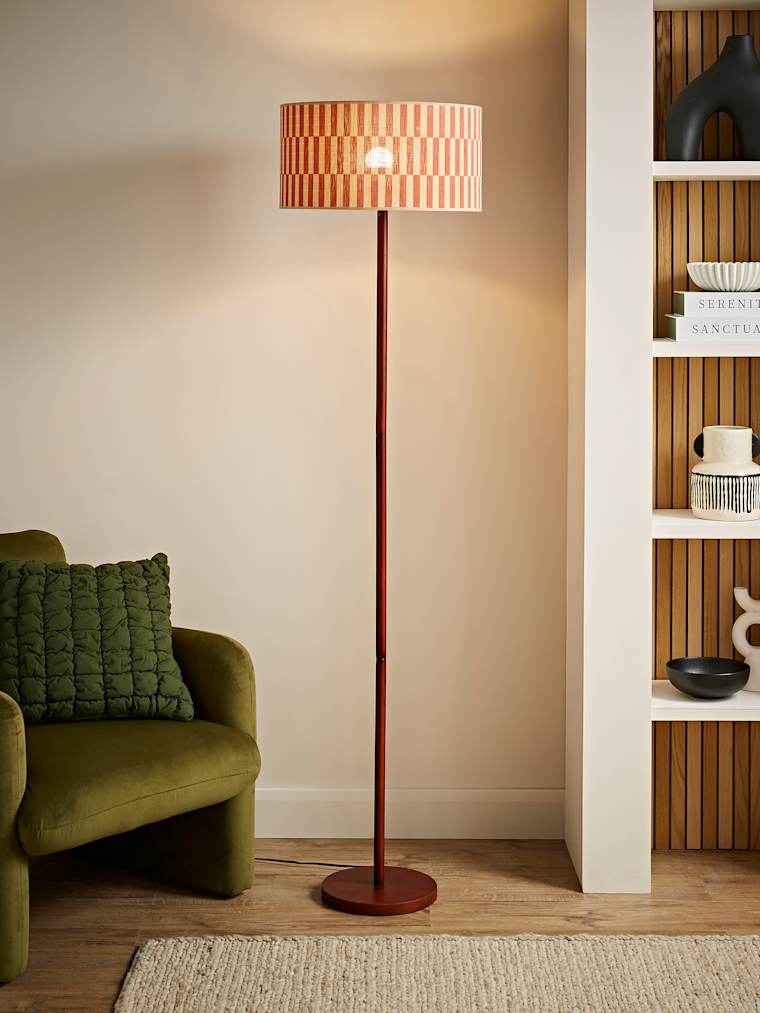Dark Wood Floor Lamp with Orange Bamboo Shade
