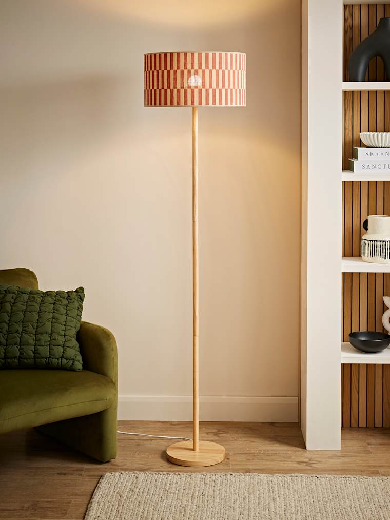 Light Wood Floor Lamp with Orange Bamboo Shade