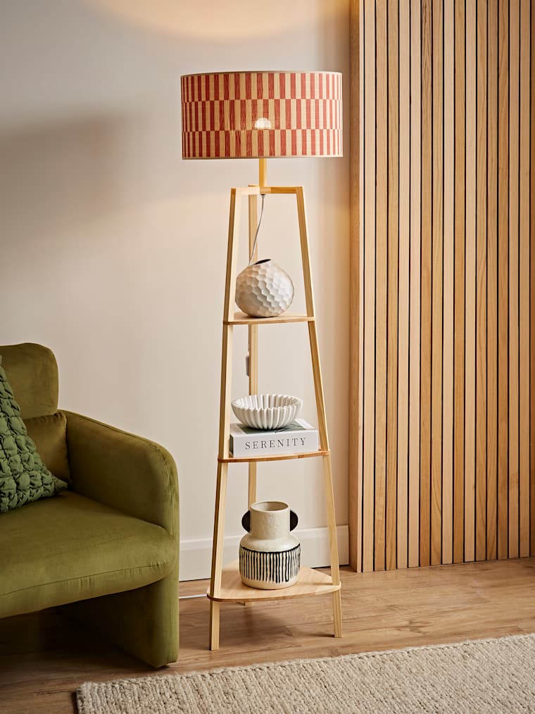 Natural Shelved Floor Lamp with Orange Bamboo Shade